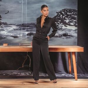 SATIN PANT SET - BLACK SIZE SMALL